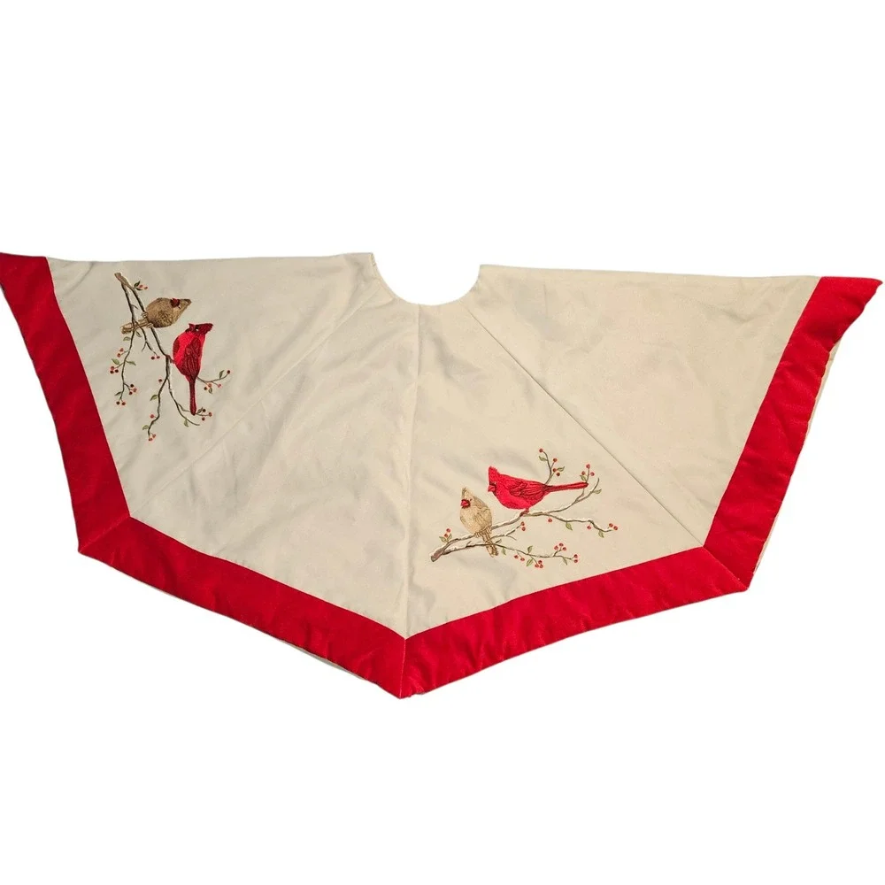 Winter Dreams Christmas Tree Skirt‎ Beige Red Cardinal Bird Embroidered Holiday